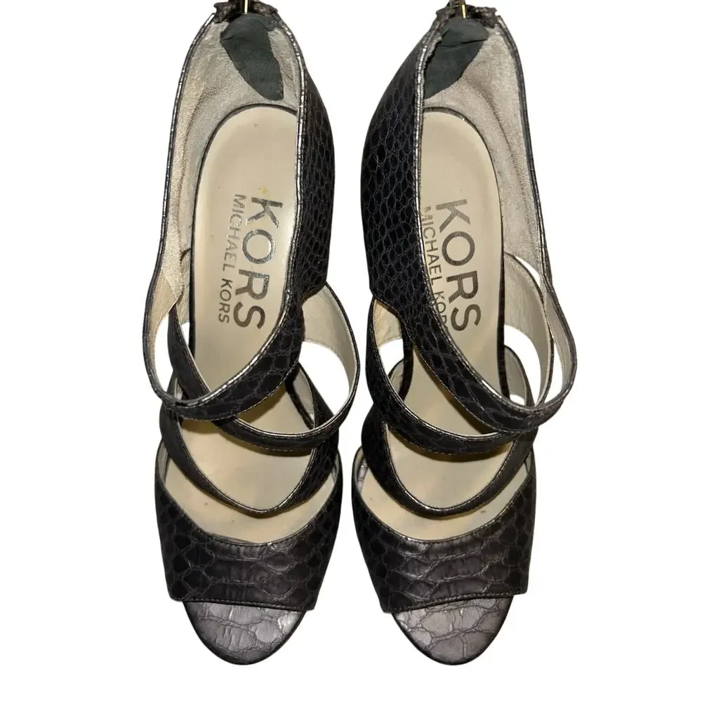 Michael Kors Metallic Pewter Strappy Cage Sandal Snake Back Zip Size 7